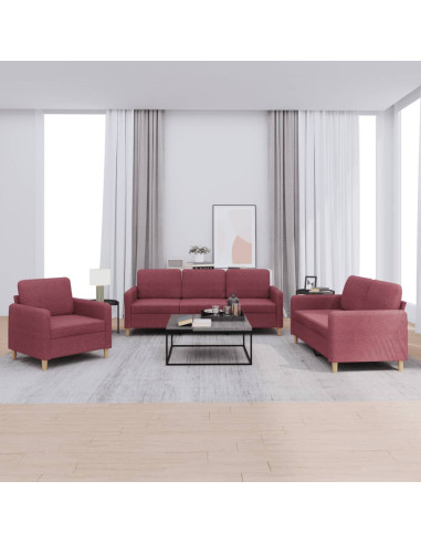 Set di Divani 3 pz con Cuscini Rosso Vino in Tessuto