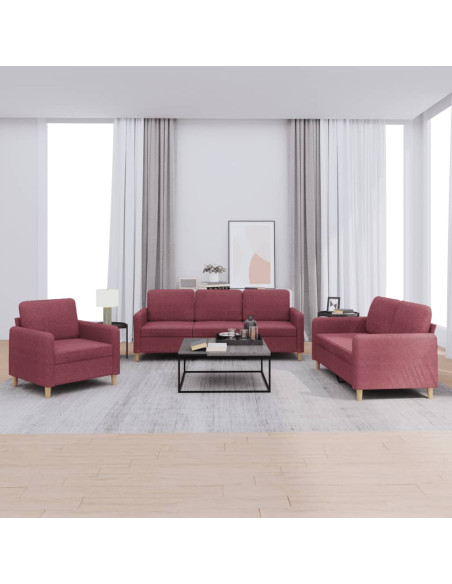 Set di Divani 3 pz con Cuscini Rosso Vino in Tessuto
