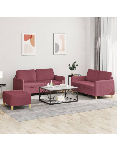 Set di Divani 3 pz con Cuscini Rosso Vino in Tessuto