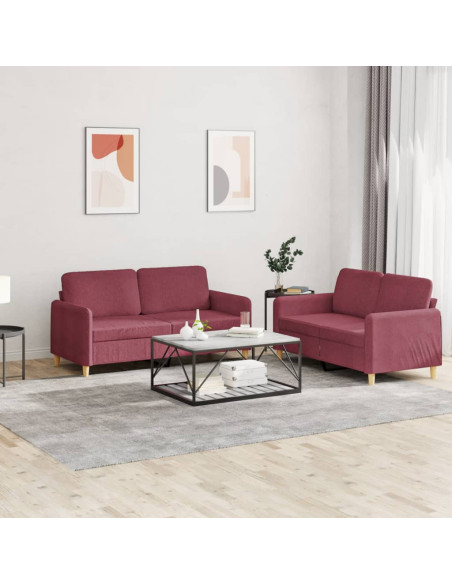 Set di Divani 2 pz con Cuscini Rosso Vino in Tessuto