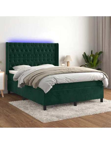 Letto a Molle con Materasso e LED Verde Scuro 140x200cm Velluto