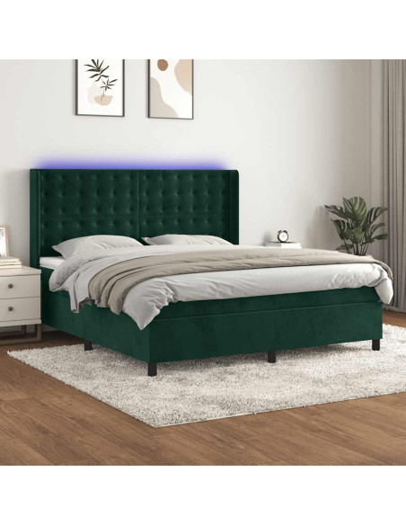 Letto a Molle con Materasso e LED Verde Scuro 160x200cm Velluto