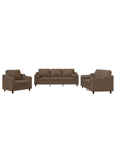 Set di Divani 3 pz con Cuscini Marrone in Tessuto