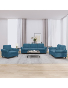 Set di Divani 3 pz con Cuscini Blu in Velluto