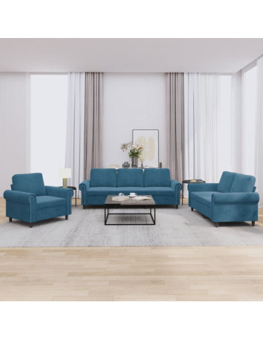 Set di Divani 3 pz con Cuscini Blu in Velluto