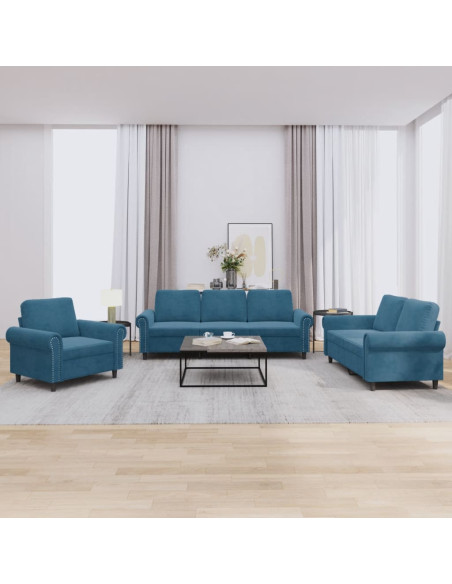 Set di Divani 3 pz con Cuscini Blu in Velluto