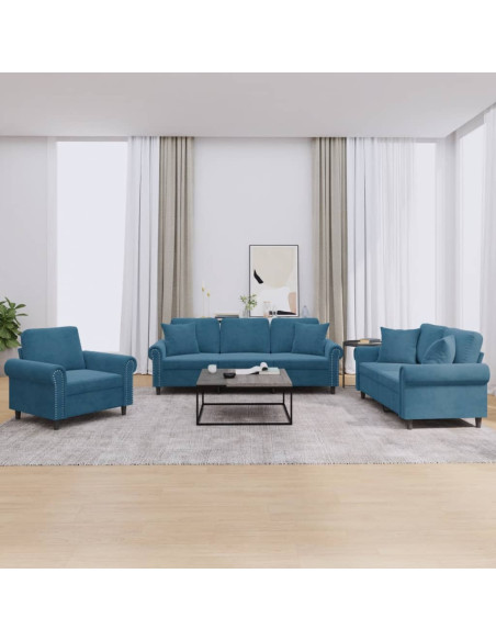 Set di Divani 3 pz con Cuscini Blu in Velluto