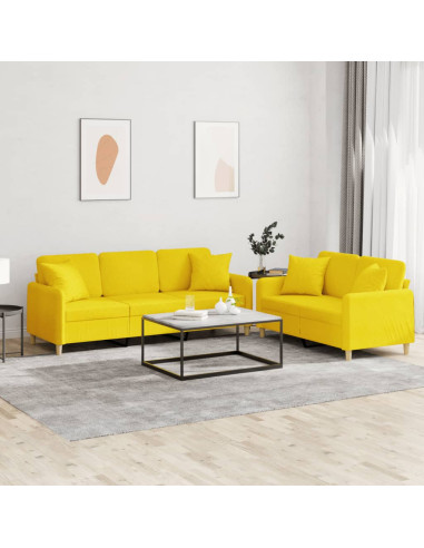 Set di Divani 2 pz con Cuscini Giallo Chiaro in Tessuto