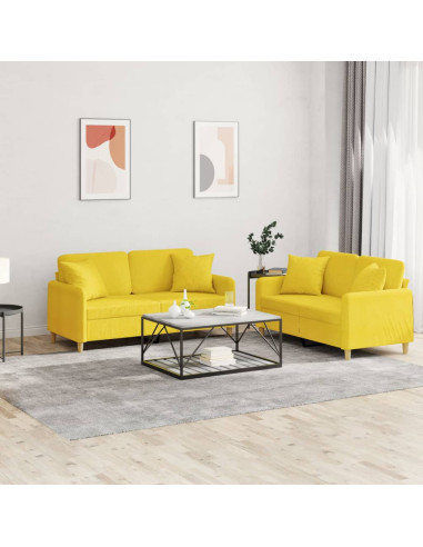 Set di Divani 2 pz con Cuscini Giallo Chiaro in Tessuto