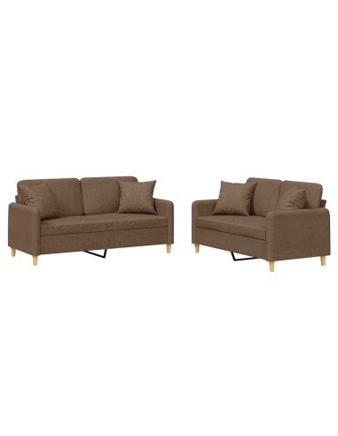 Set di Divani 2 pz con Cuscini Marrone in Tessuto