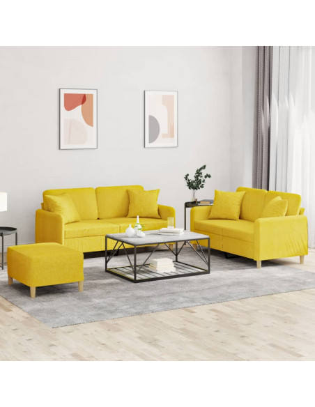 Set di Divani 3 pz con Cuscini Giallo Chiaro in Tessuto