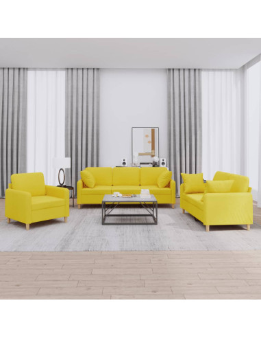 Set di Divani 3 pz con Cuscini Giallo Chiaro in Tessuto