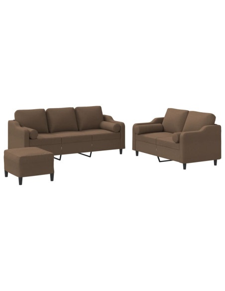 Set di Divani 3 pz con Cuscini Marrone in Tessuto