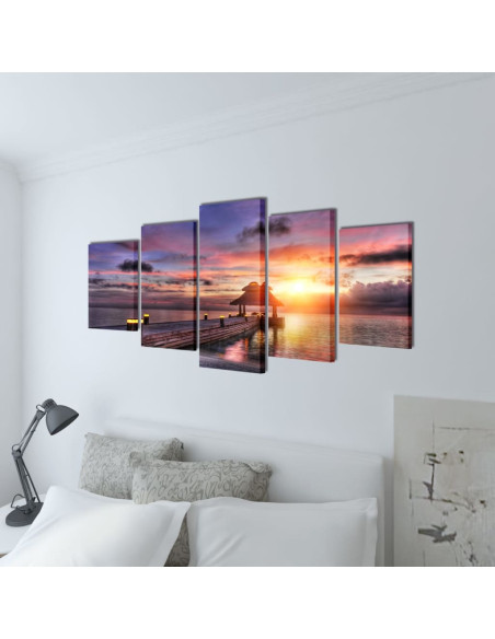 5 pz Set Stampa su Tela da Muro Spiaggia con Padiglione 100 x 50 cm