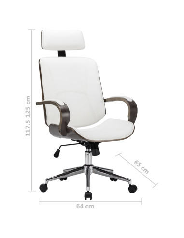Sedia Girevole con Poggiatesta Bianca Similpelle Legno Curvato