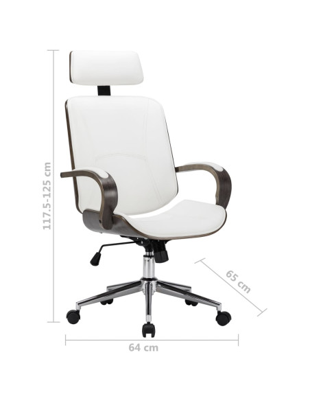 Sedia Girevole con Poggiatesta Bianca Similpelle Legno Curvato