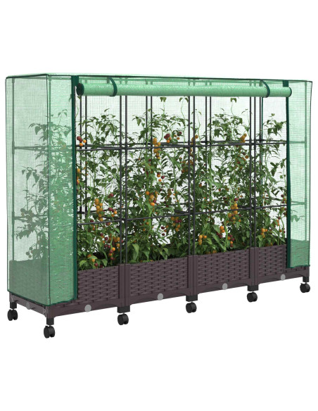 Vaso da Giardino con Copertura per Serra e Ruote 4 pz Marrone