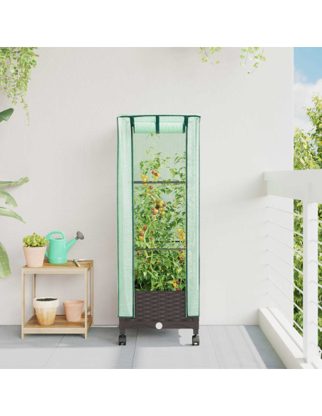 Vaso da Giardino con Copertura per Serra e Ruote Marrone PP