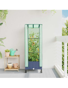 Vaso da Giardino con Copertura per Serra e Ruote Blu Grigio PP