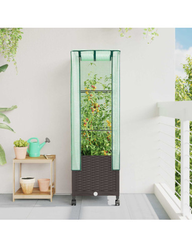 Vaso da Giardino con Copertura per Serra e Ruote Marrone PP