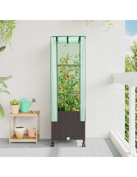Vaso da Giardino con Copertura per Serra e Ruote Marrone PP