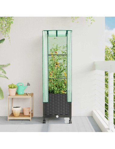 Vaso da Giardino con Copertura per Serra e Ruote Nero PP