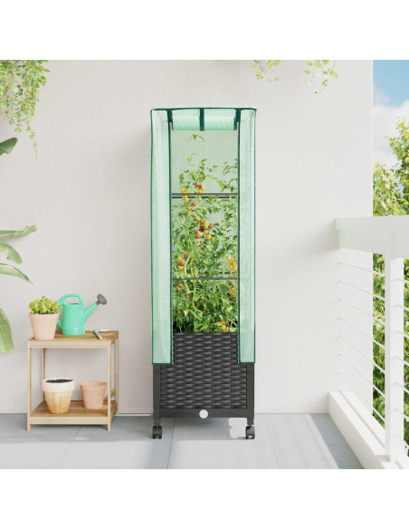 Vaso da Giardino con Copertura per Serra e Ruote Nero PP