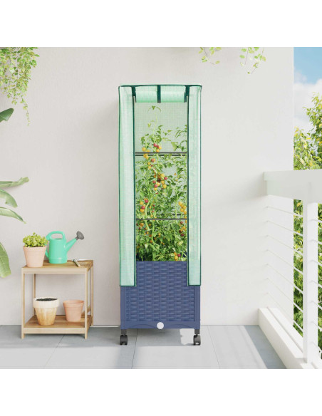 Vaso da Giardino con Copertura per Serra e Ruote Blu Grigio PP