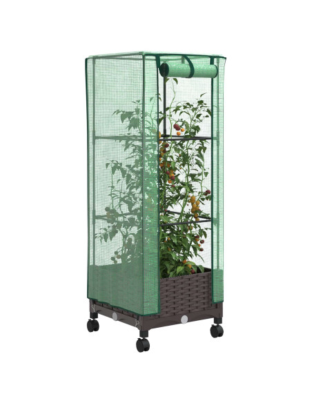 Vaso da Giardino con Copertura per Serra e Ruote Marrone PP