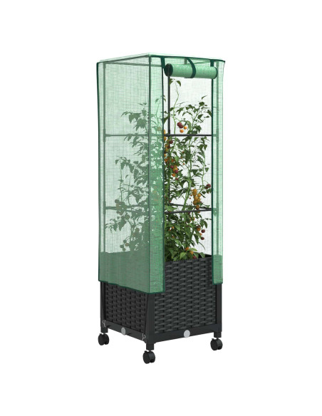 Vaso da Giardino con Copertura per Serra e Ruote Nero PP