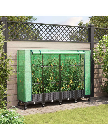 Vaso da Giardino con Copertura per Serra e Ruote 4 pz Nero PP