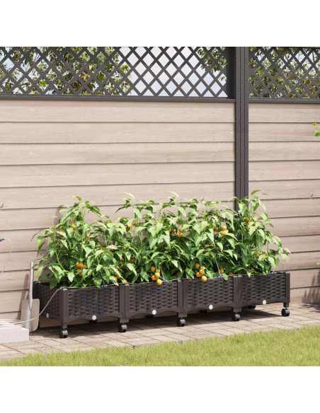 Vaso da Giardino con Irrigazione e Ruote 4 pz Marrone PP