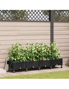Vaso da Giardino con Irrigazione e Ruote 4 pz Nero PP
