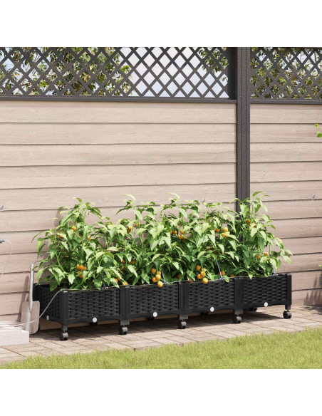 Vaso da Giardino con Irrigazione e Ruote 4 pz Nero PP