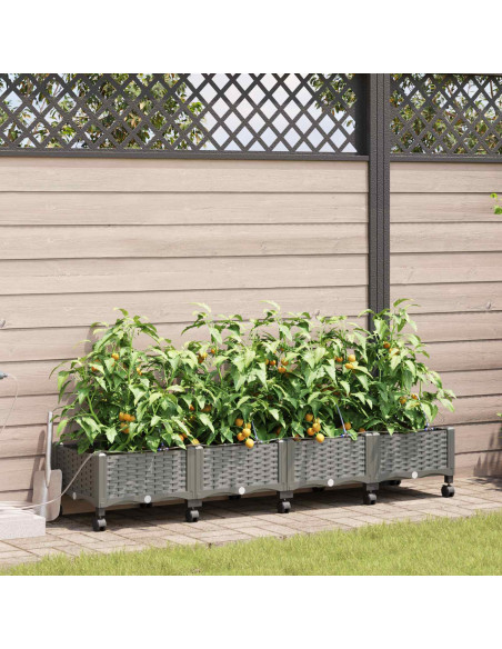 Vaso da Giardino con Irrigazione e Ruote 4 pz Grigio Chiaro PP