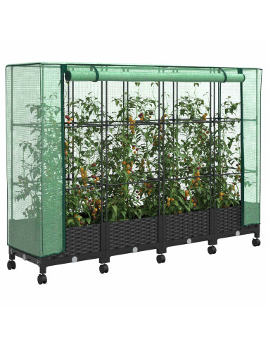 Vaso da Giardino con Copertura per Serra e Ruote 4 pz Nero PP