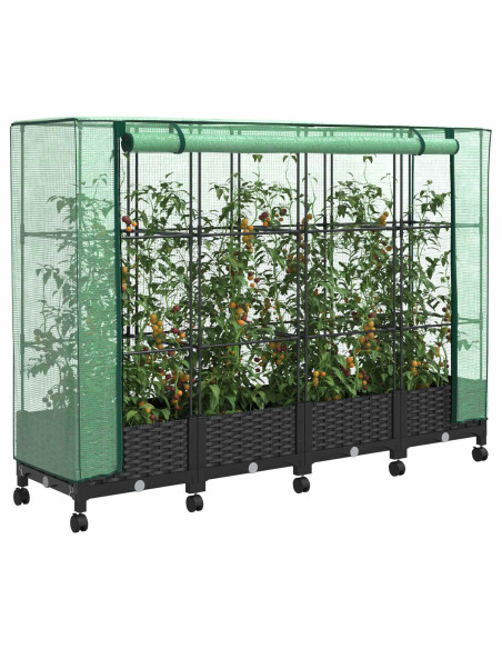 Vaso da Giardino con Copertura per Serra e Ruote 4 pz Nero PP