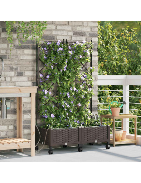 Vaso da Giardino con Irrigazione e Ruote 2 pz Marrone PP