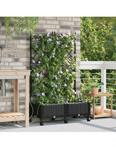Vaso da Giardino con Irrigazione e Ruote 2 pz Nero PP