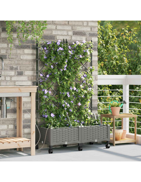 Vaso da Giardino con Irrigazione e Ruote 2 pz Grigio Chiaro PP