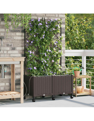 Vaso da Giardino con Irrigazione e Ruote 2 pz Marrone PP