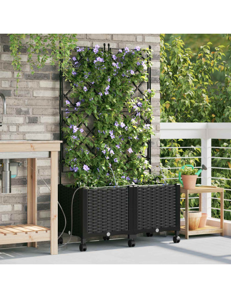 Vaso da Giardino con Irrigazione e Ruote 2 pz Nero PP