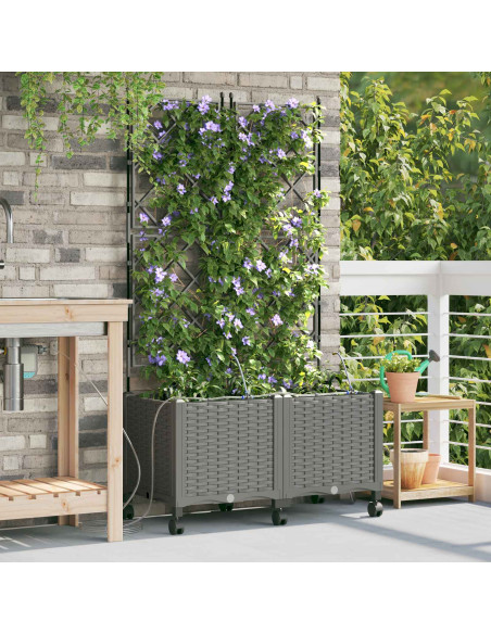Vaso da Giardino con Irrigazione e Ruote 2 pz Grigio Chiaro PP