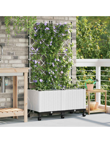 Vaso da Giardino con Irrigazione e Ruote 2 pz Bianco PP