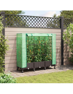 Vaso da Giardino con Copertura per Serra e Ruote 3 pz Marrone