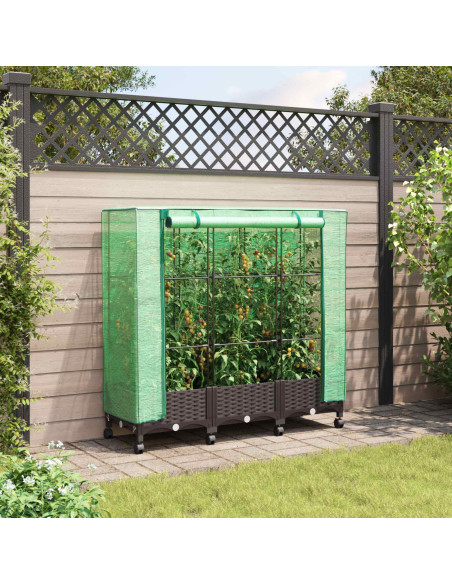Vaso da Giardino con Copertura per Serra e Ruote 3 pz Marrone