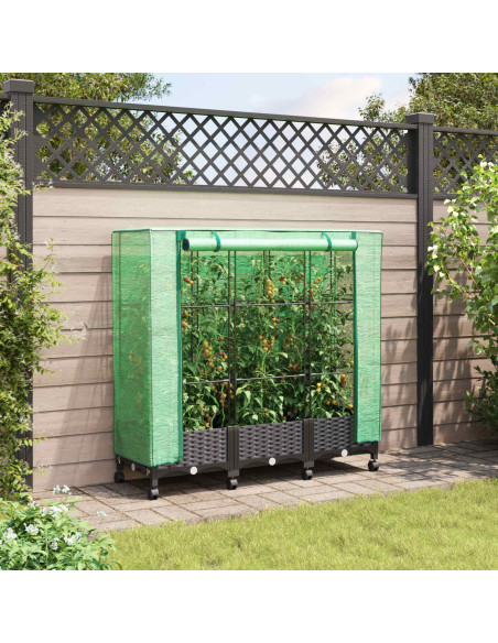 Vaso da Giardino con Copertura per Serra e Ruote 3 pz Nero PP