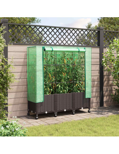 Vaso da Giardino con Copertura per Serra e Ruote 3 pz Marrone