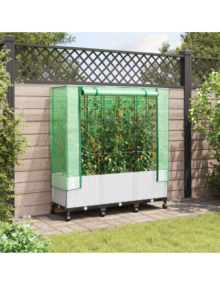 Vaso da Giardino con Copertura per Serra e Ruote 3 pz Bianco PP