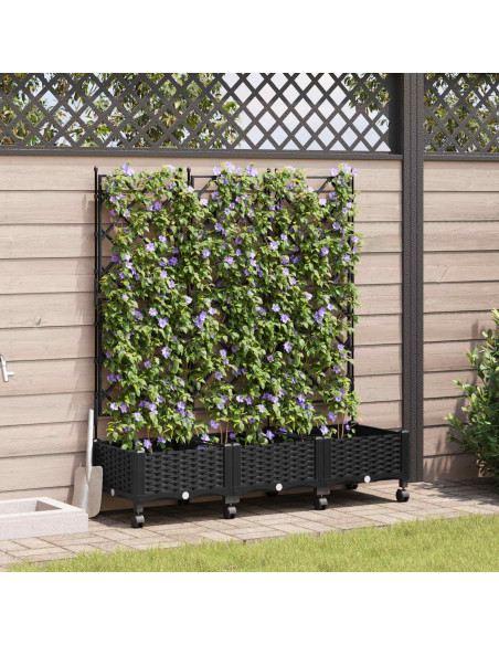 Vaso da giardino con grigliato e ruote 3 pz Nero PP